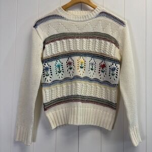 Vintage Trevor Women Embroidered Floral Cable Knit Sweater Size L Preppy Classic